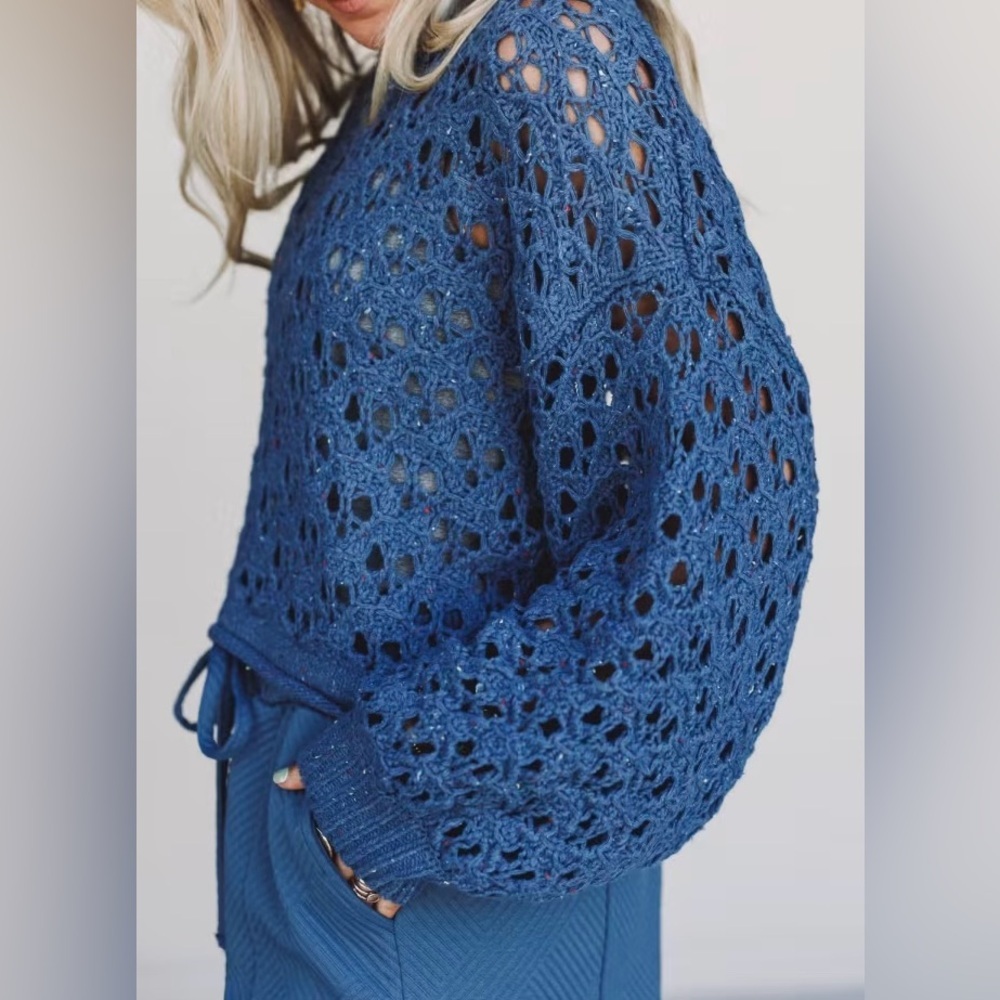 NWT Open Knit Speckled Cropped Balloon Sleeve Sweater Top Navy - Picture 8 of 10